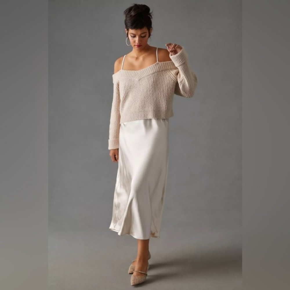 Anthropologie Beige Knit Off-Shoulder Sweater with Ivory Satin Slip Skirt